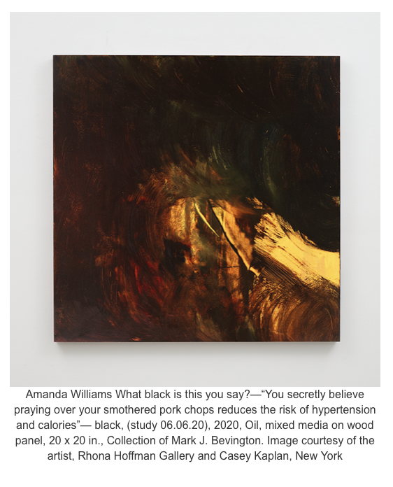 Amanda Williams painting, What black is this you say?—“You secretly believe praying over your smothered pork chops reduces the risk of hypertension and calories”—black, (study 06.06.20), 2020